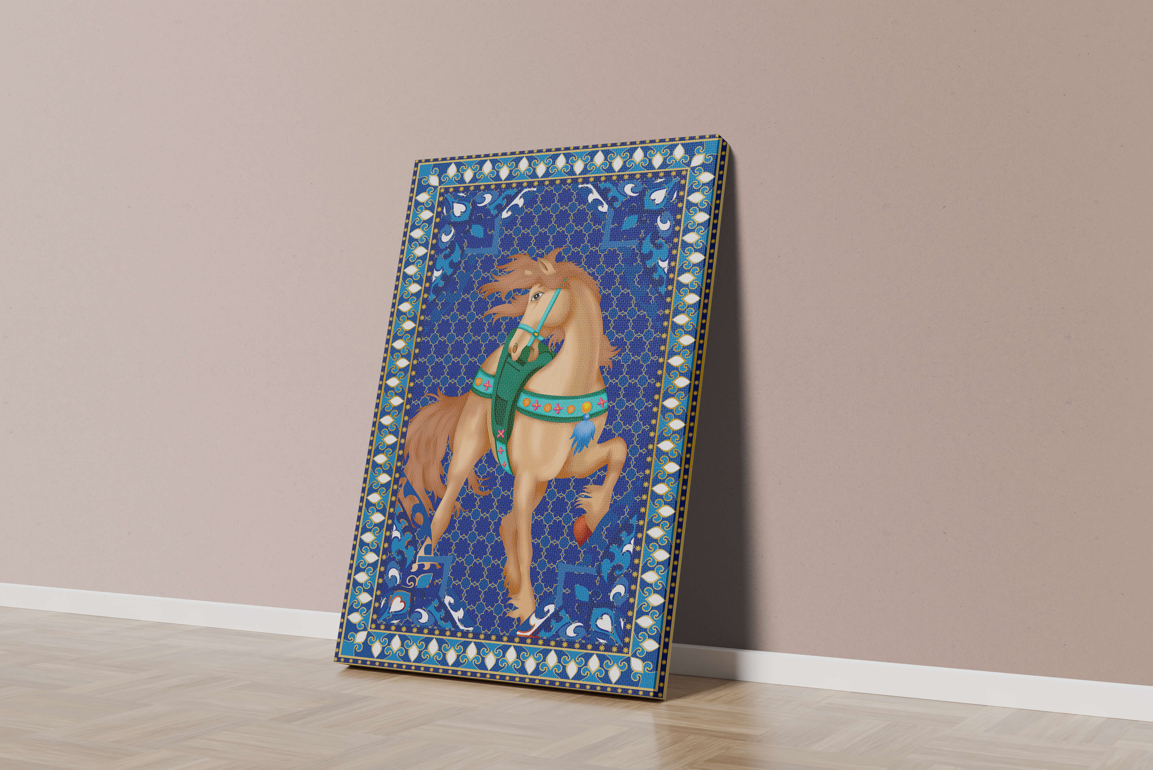 Intricate patterned horse art with a vibrant decorative border