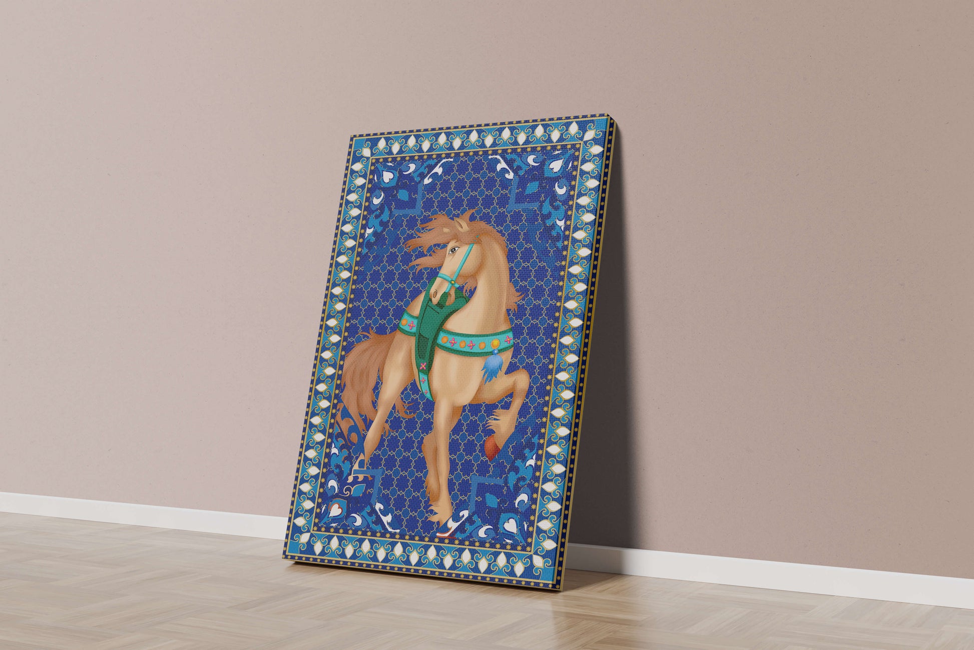 Intricate patterned horse art with a vibrant decorative border
