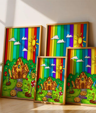 Whimsical candy house in a vibrant rainbow landscape