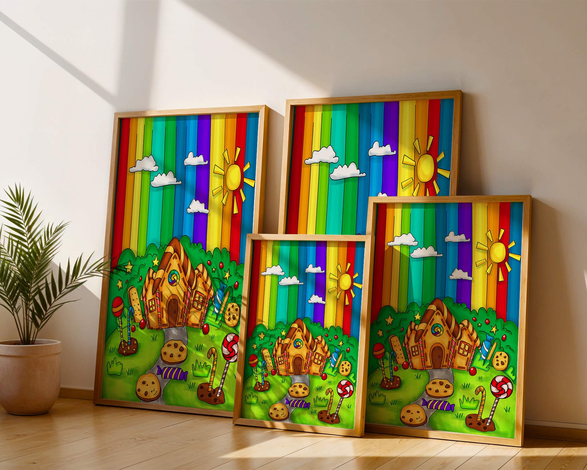 Whimsical candy house in a vibrant rainbow landscape
