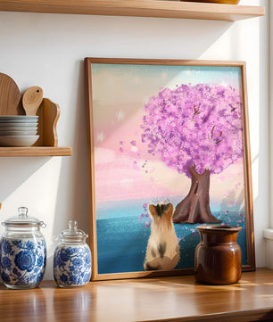 Serene scene with cat and blossoming cherry tree at sunrise