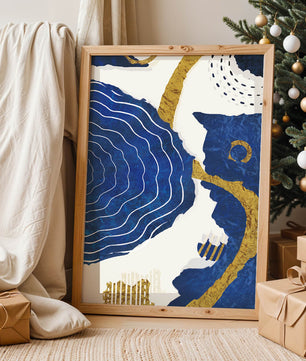 Abstract blue and gold textured artwork with wave patterns