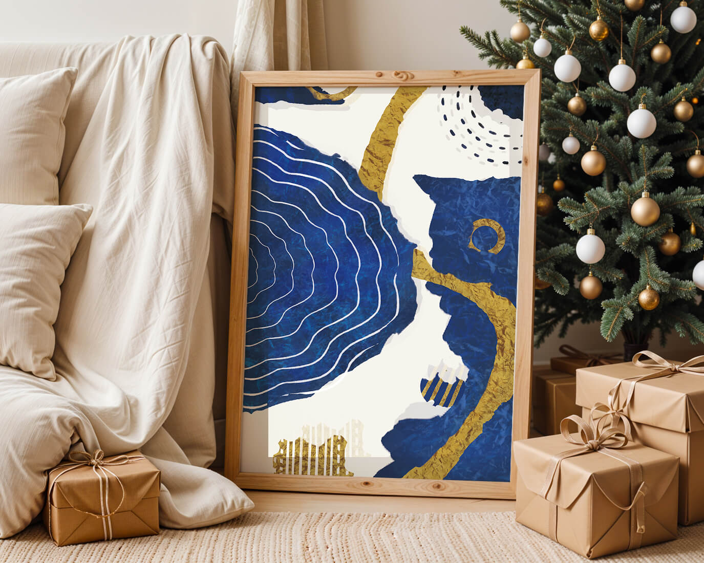 Abstract blue and gold textured artwork with wave patterns