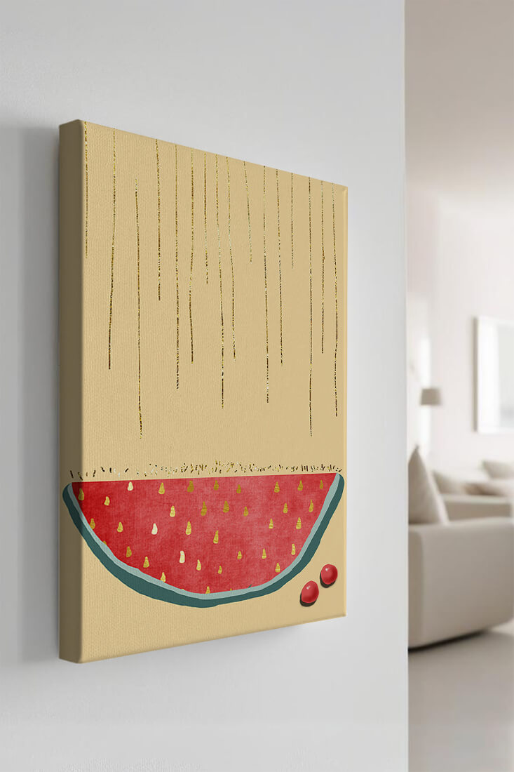 Abstract Watermelon Slice with Gold Accents on Minimalist Background