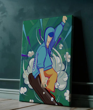 Ilustración abstracta colorida de una persona en movimiento con tonos azules y verdes