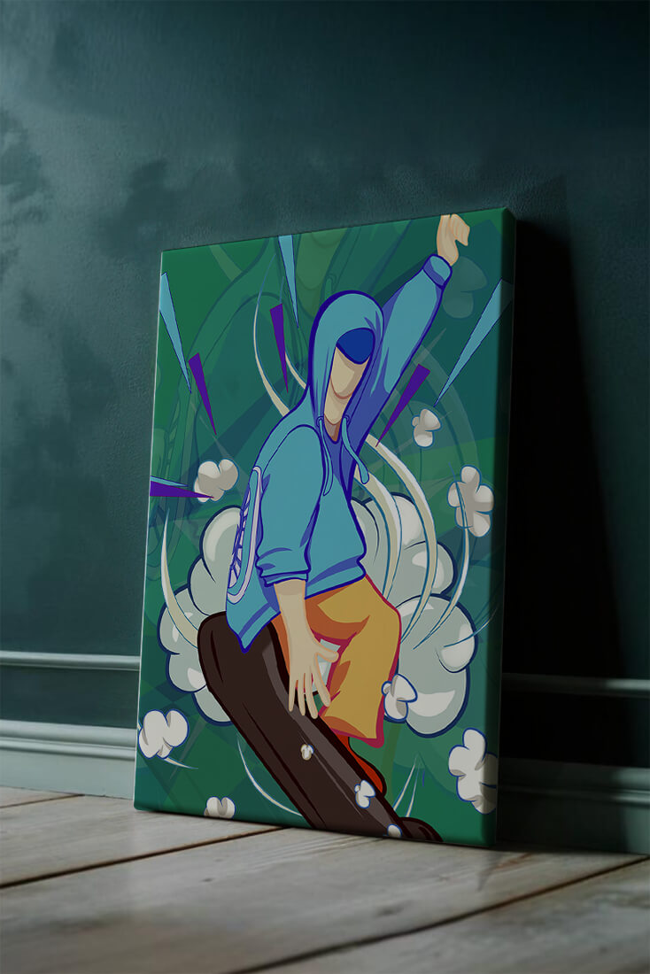 Ilustración abstracta colorida de una persona en movimiento con tonos azules y verdes