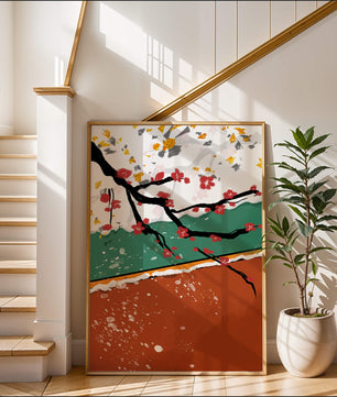 Artistic depiction of blossom branches with gold elements and abstract background