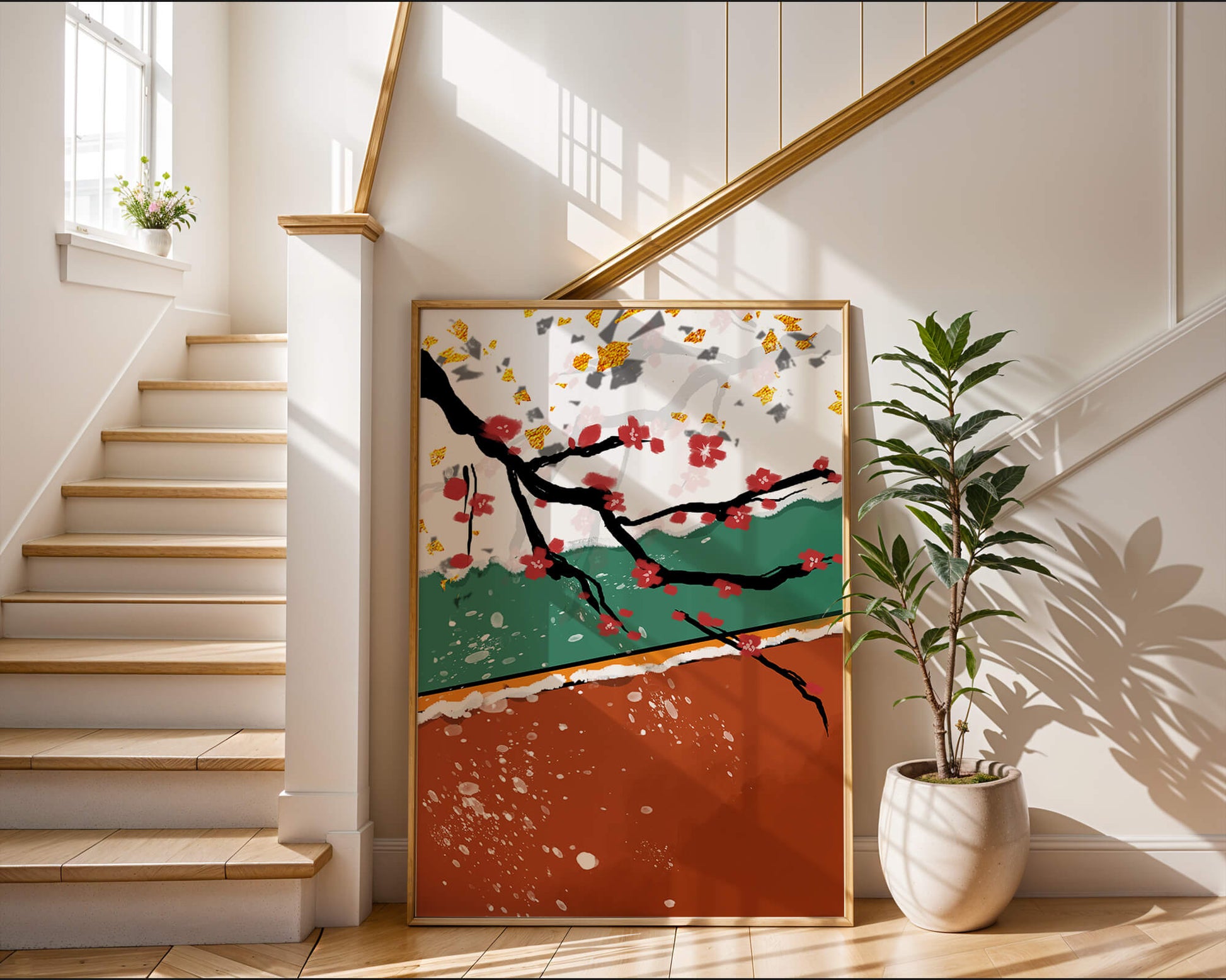 Artistic depiction of blossom branches with gold elements and abstract background