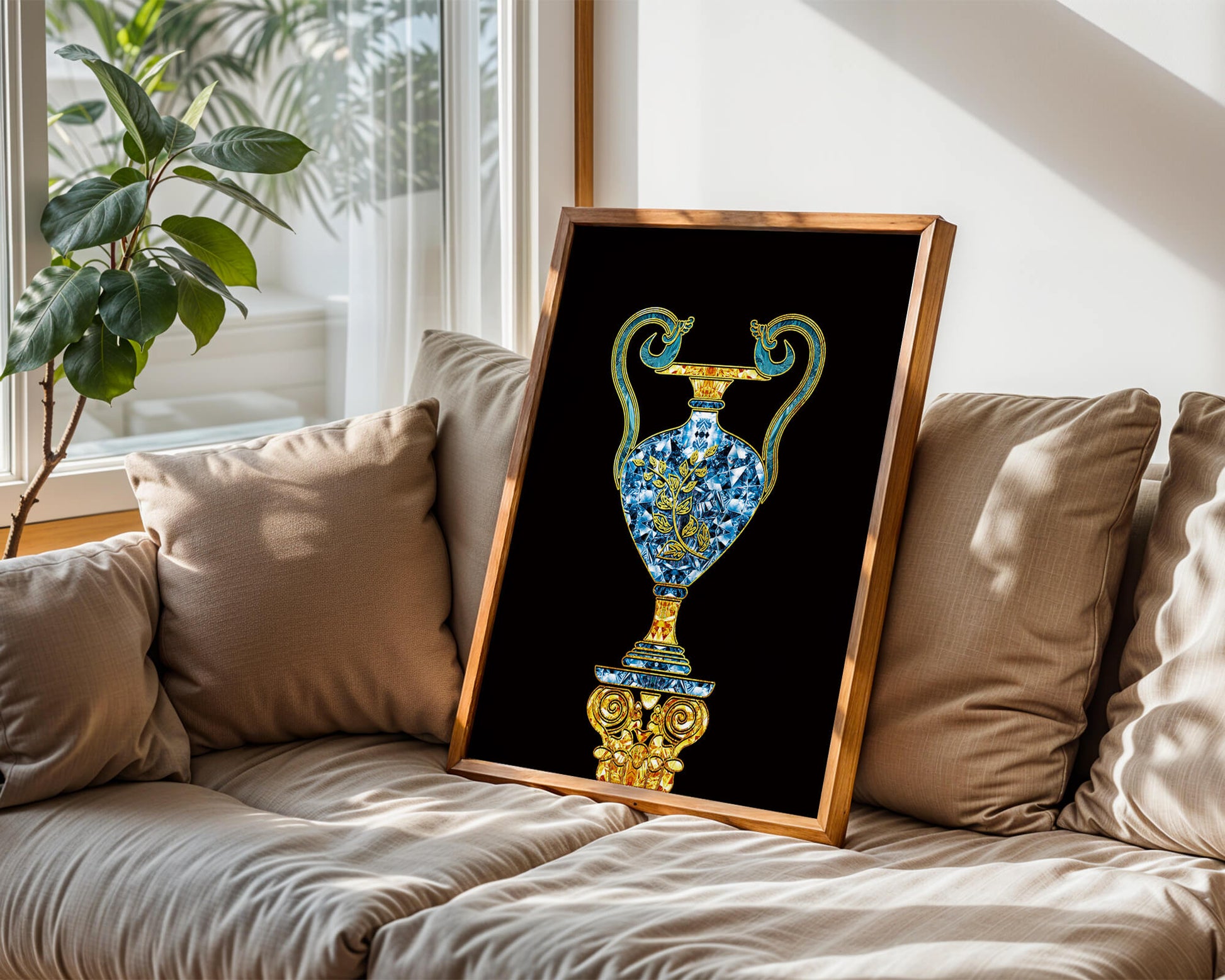 Elegante jarrón con incrustaciones de joyas y detalles dorados y azules sobre fondo negro