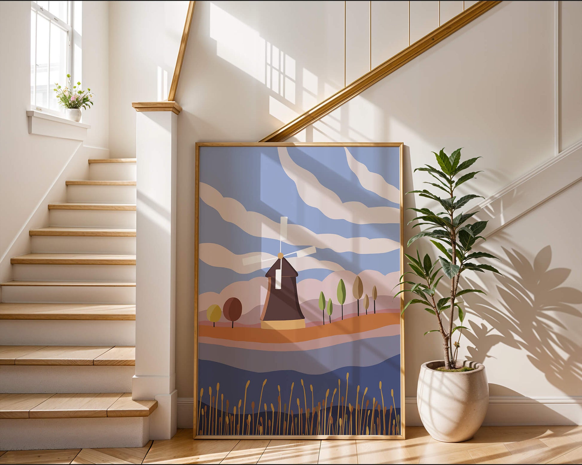 Colorful Landscape Featuring Windmill and Abstract Trees