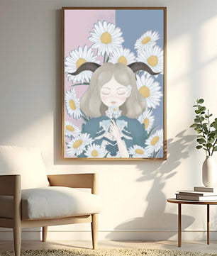 Ilustración de una niña con margaritas y cuernos sobre un fondo pastel