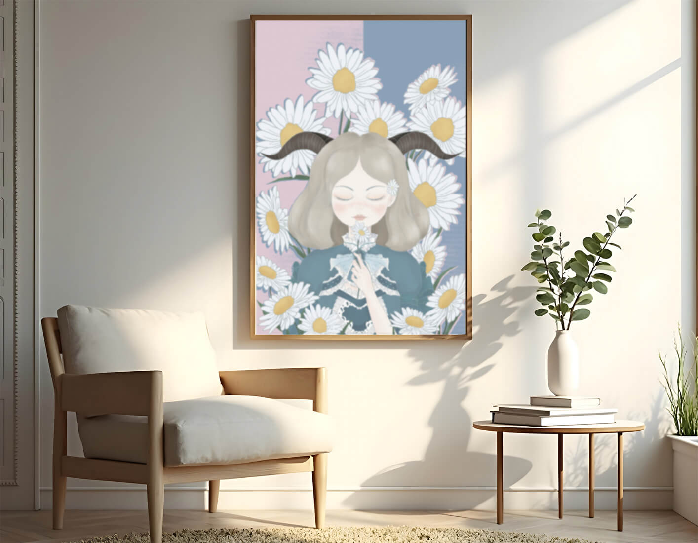 Illustration of girl with daisies and horns on a pastel background