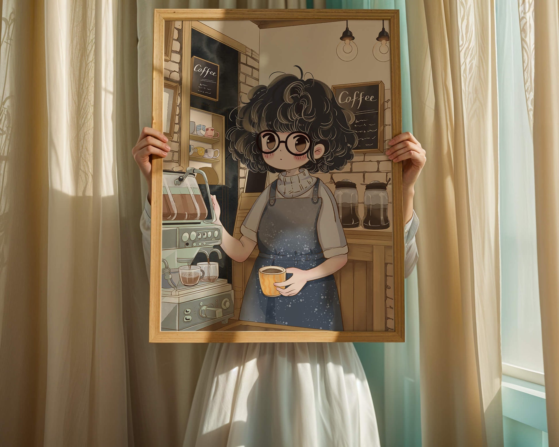 Escena encantadora de café con barista preparando café