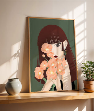Porträt einer Frau mit Blumenstrauß und elegantem Ohrring