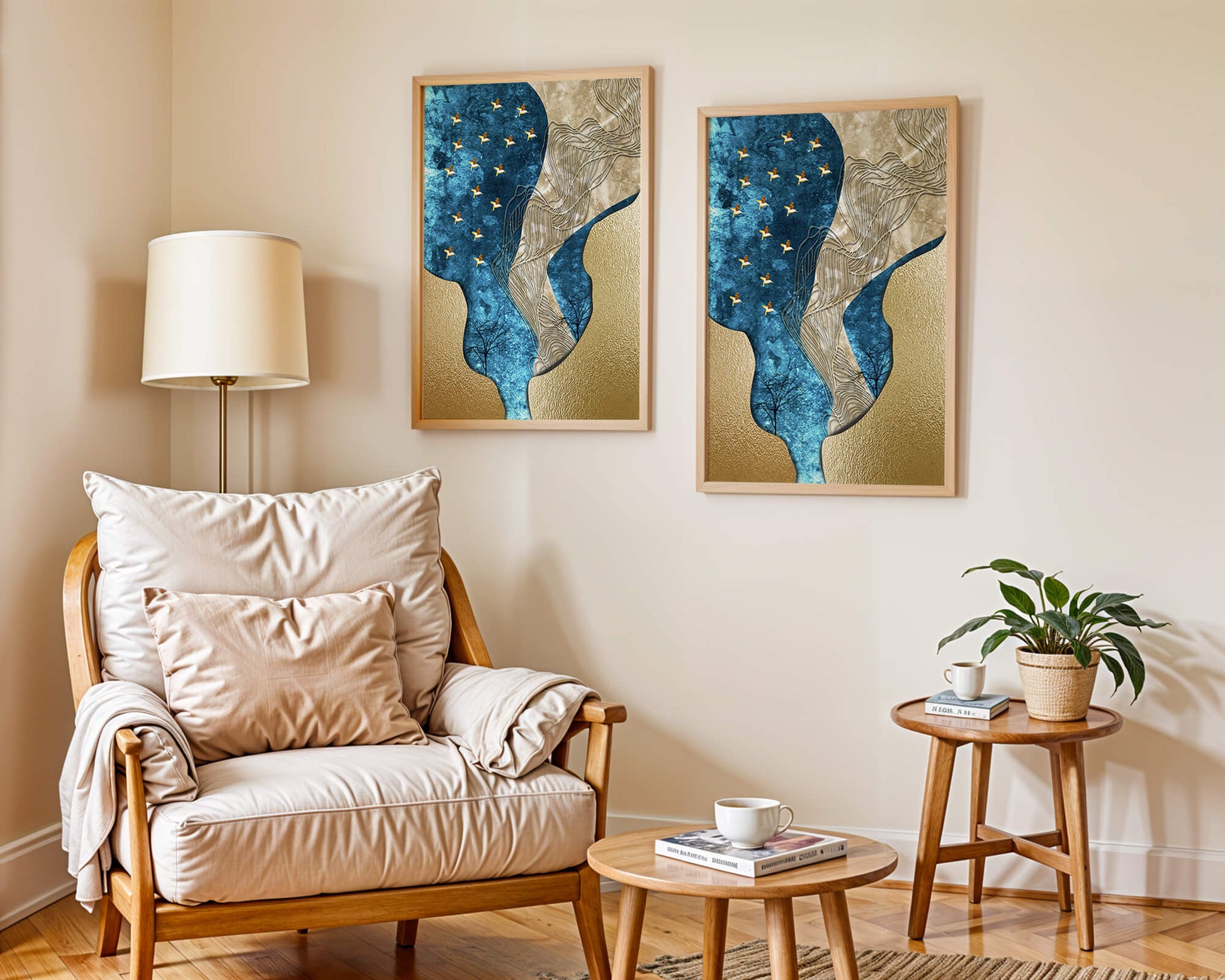 Abstract Textured Landscape with Gold and Blue Elements