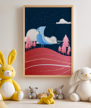Colorful Night Scene with Blue Bird Under Starry Sky - Mi tienda