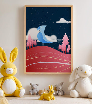Colorful Night Scene with Blue Bird Under Starry Sky