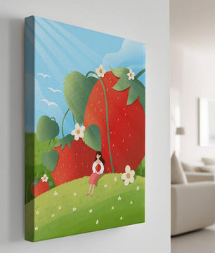 Paysage serein avec d'énormes fraises et une femme dans une prairie en fleurs