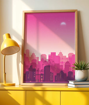 Skyline urbano al anochecer con degradado rosa y noria