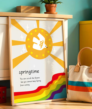 Colorful springtime illustration with dove and rainbow
