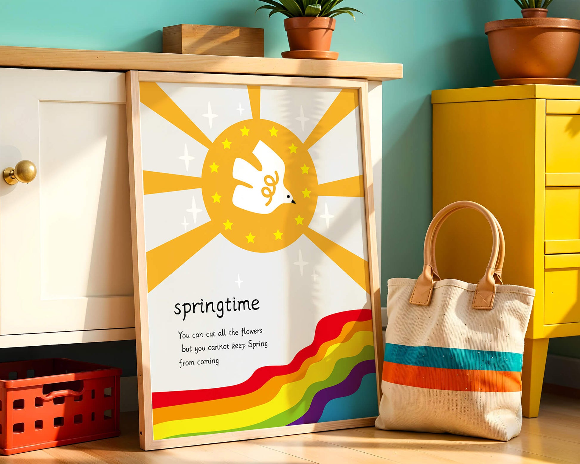 Colorful springtime illustration with dove and rainbow