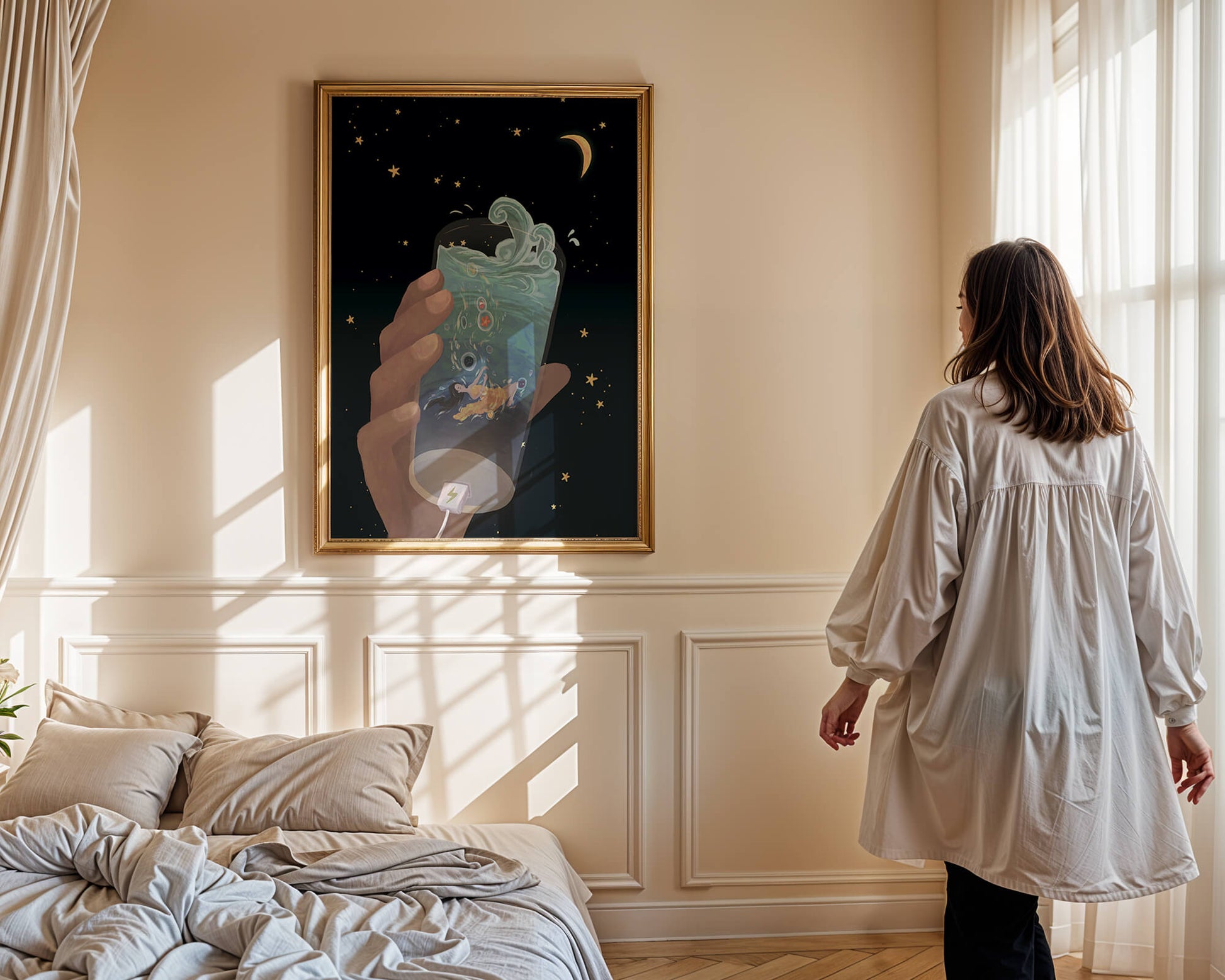 Abstract night sky scene with hand holding a glass of swirling water
