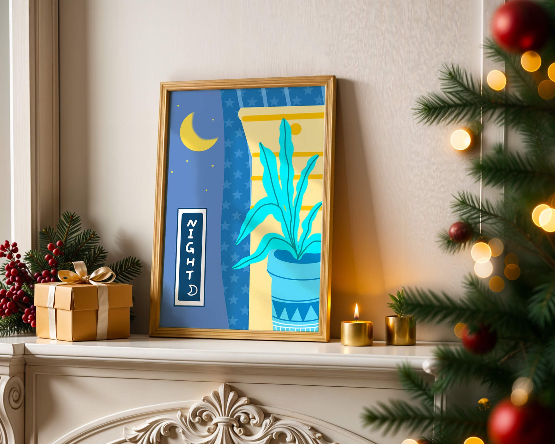 Nighttime plant illustration with crescent moon and starry background