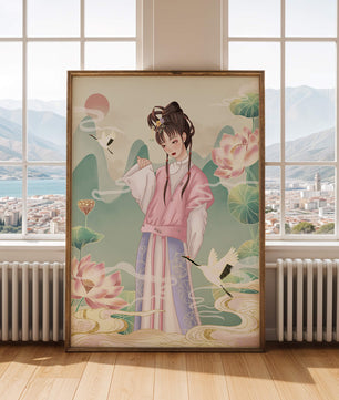 Femme élégante en tenue traditionnelle avec lotus en fleurs et grues