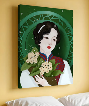 Elegant portrait of a woman with a bouquet of roses on a green abstract background