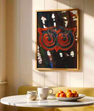 Abstract artwork featuring colorful geometric owl design