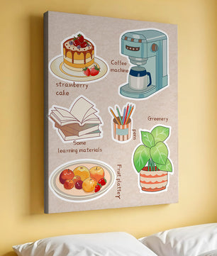 Elementos esenciales del hogar acogedor que incluyen pastel de fresa, cafetera y materiales de estudio