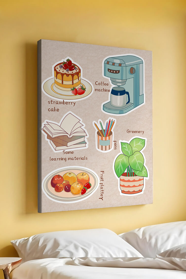 Elementos esenciales para un hogar acogedor, como tarta de fresa, cafetera y materiales de estudio.