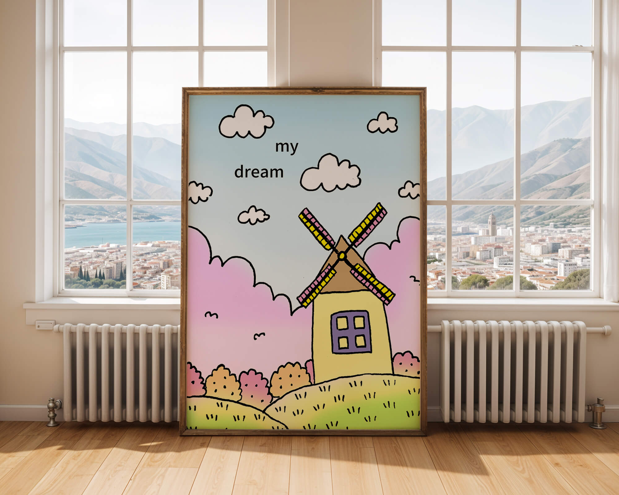 Windmill in a pastel landscape with fluffy clouds and bushes