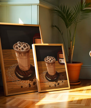 Escena de café vintage con café helado y radio retro