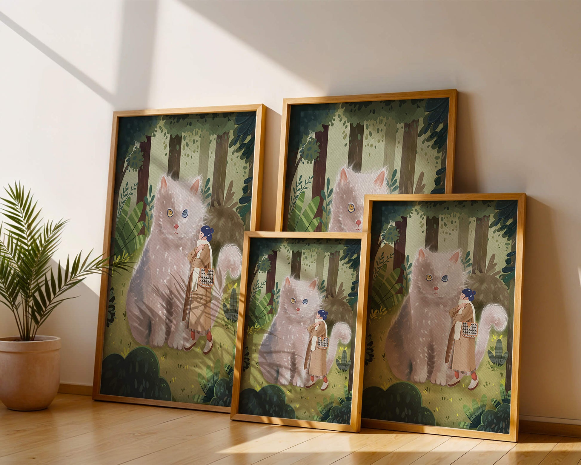 Verzauberter Wald mit einer riesigen Katze und einer Frau