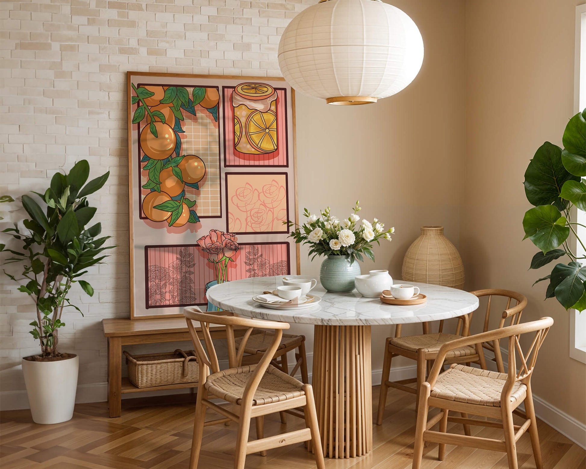 Composición artística con naranjas, frasco de rodajas de limón y rosas sobre fondo geométrico