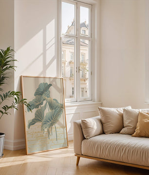 Elegant botanical illustration featuring large leaves with golden accents