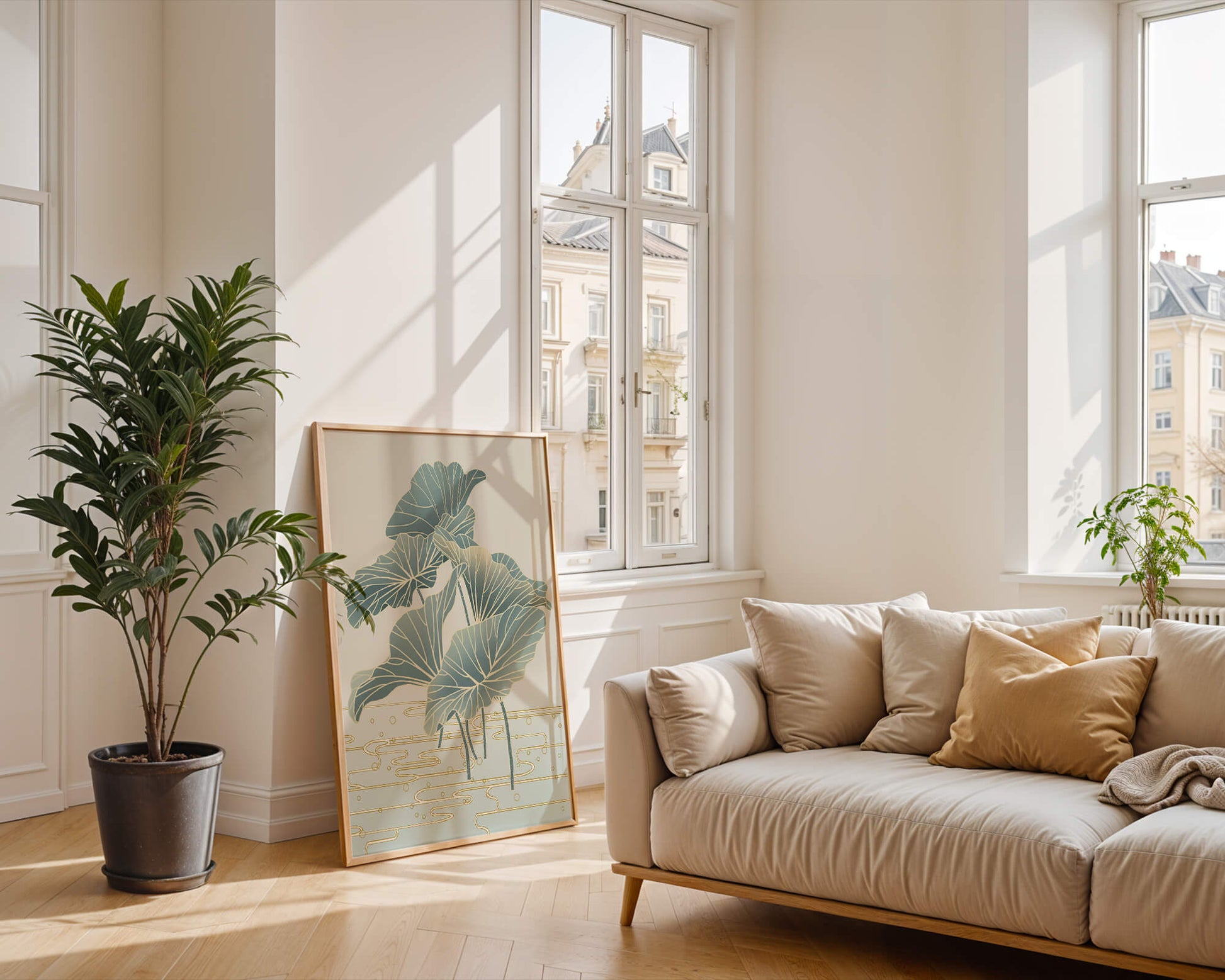 Elegant botanical illustration featuring large leaves with golden accents