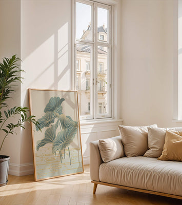 Elegant botanical illustration featuring large leaves with golden accents