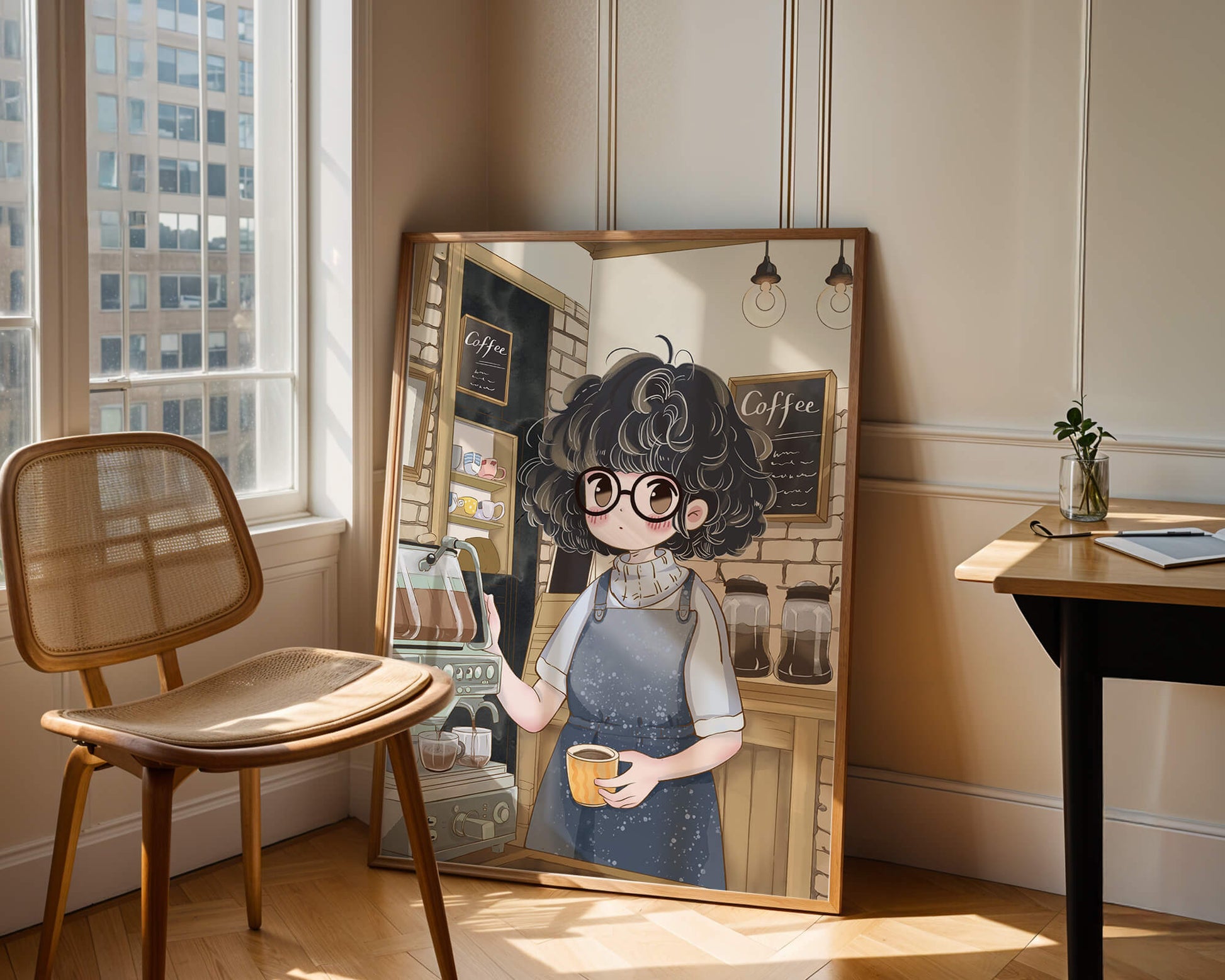 Escena encantadora de café con barista preparando café