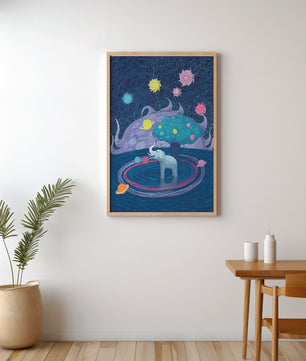Éléphant fantastique avec arbre et fond cosmique