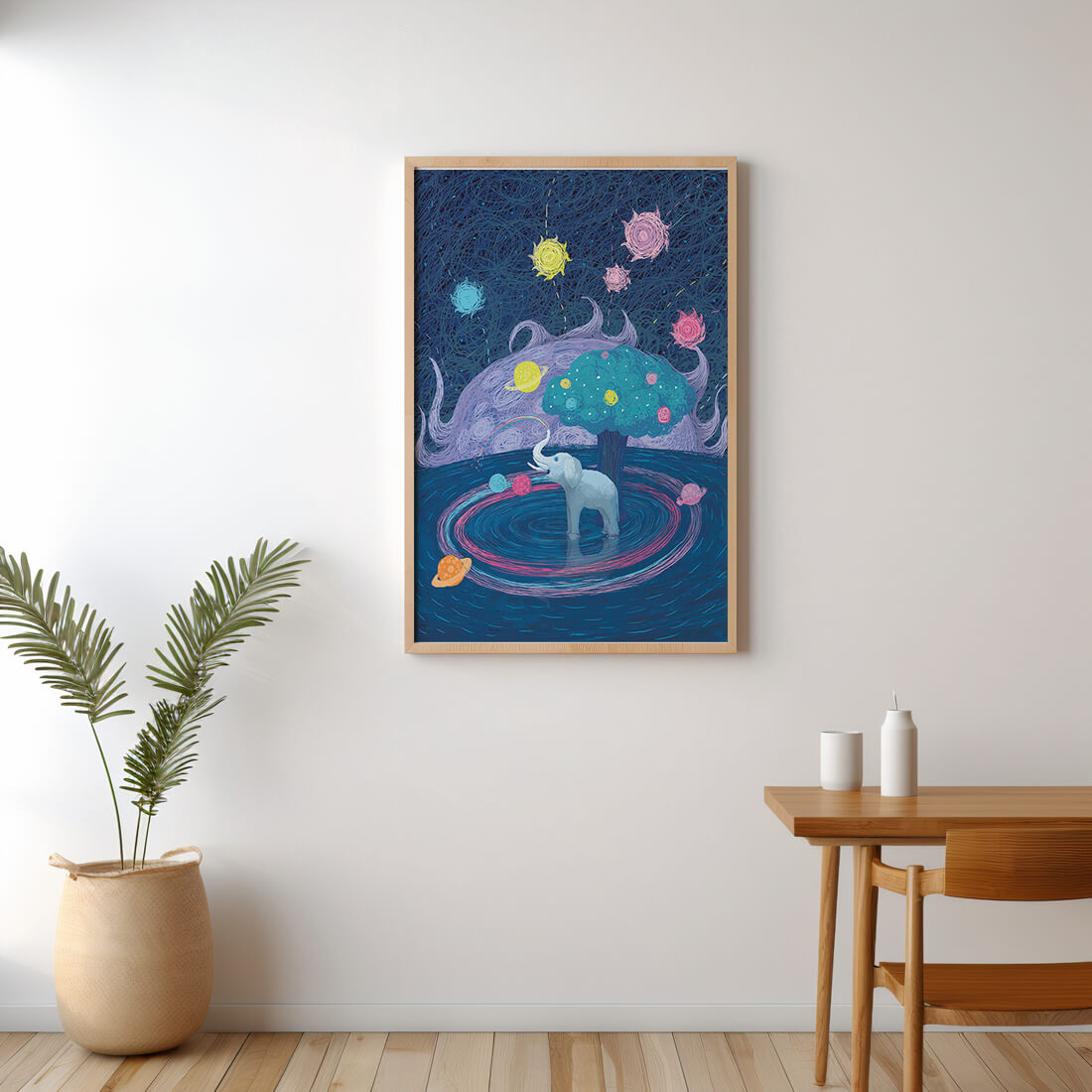 Éléphant fantastique avec arbre et fond cosmique