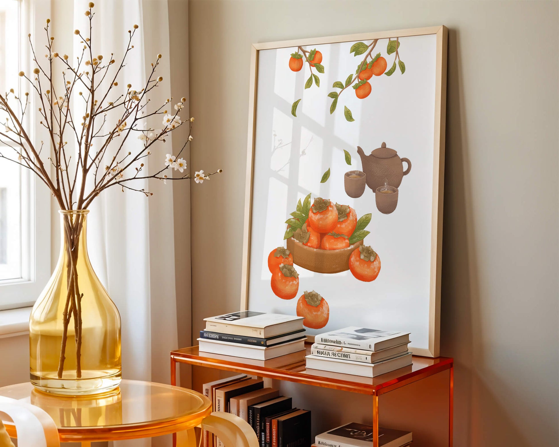 Cozy tea setting with persimmons and branches