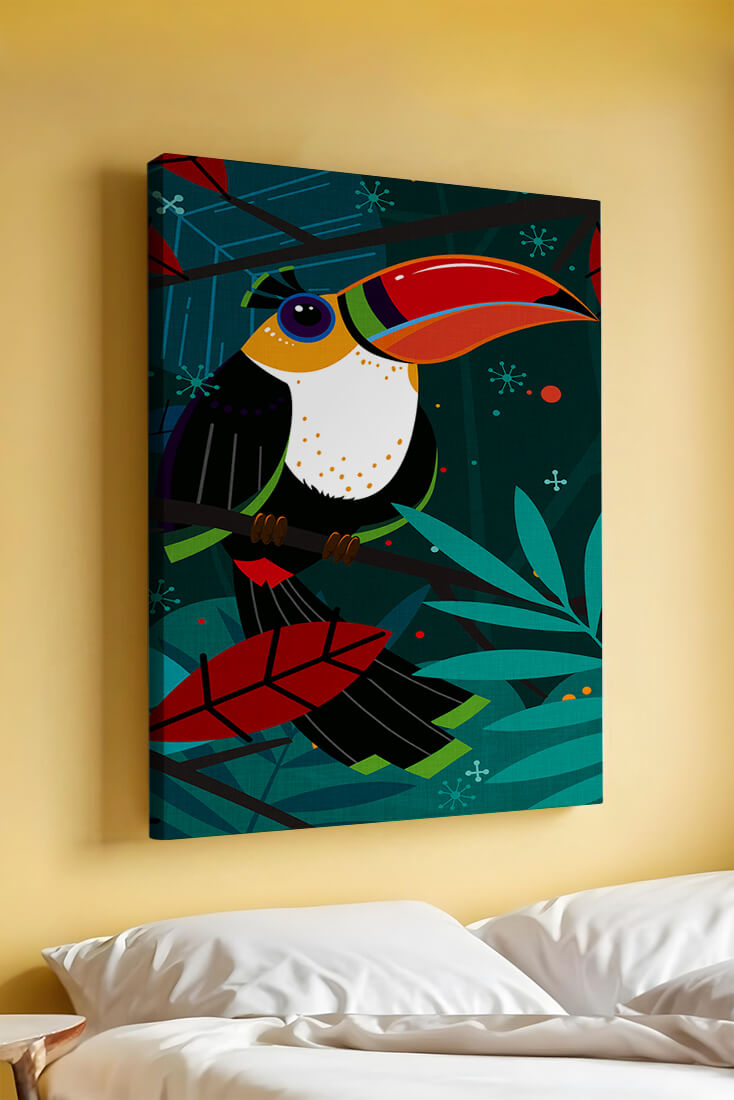 Toucan in Vibrant Jungle Setting with Abstract Elements