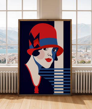Femme élégante de style art déco avec chapeau cloche rouge et motifs géométriques