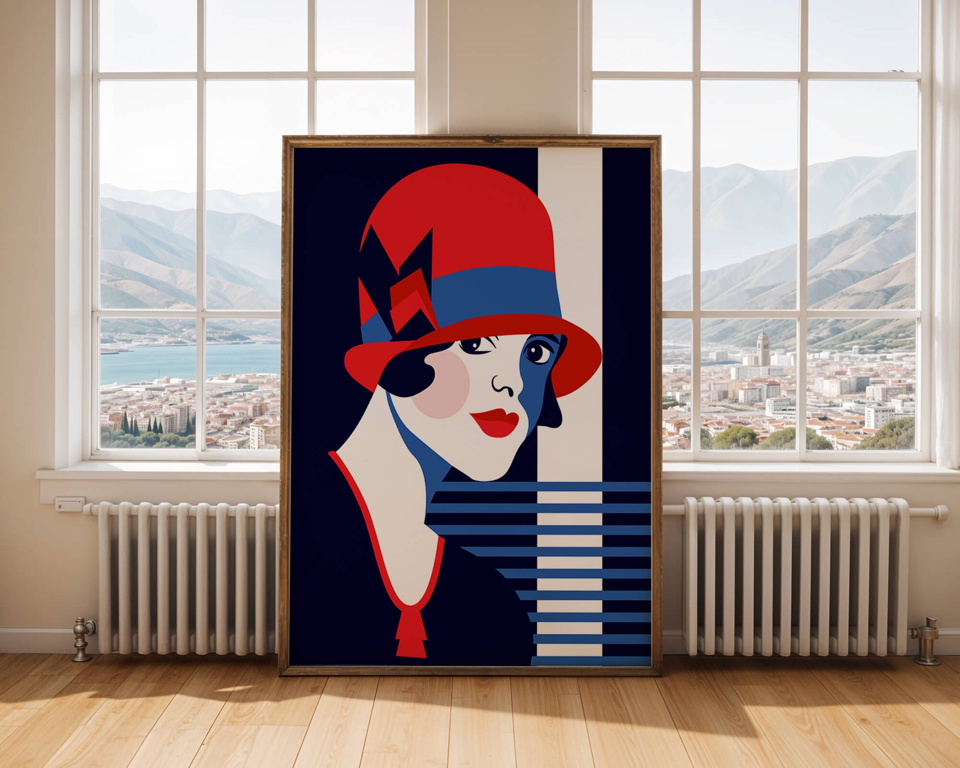 Elegante mujer de estilo art déco con sombrero cloche rojo y patrones geométricos.
