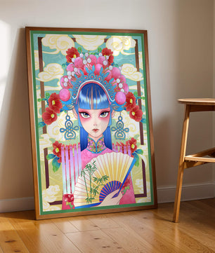 Ilustración elegante inspirada en el arte asiático con tocado elaborado y motivos florales