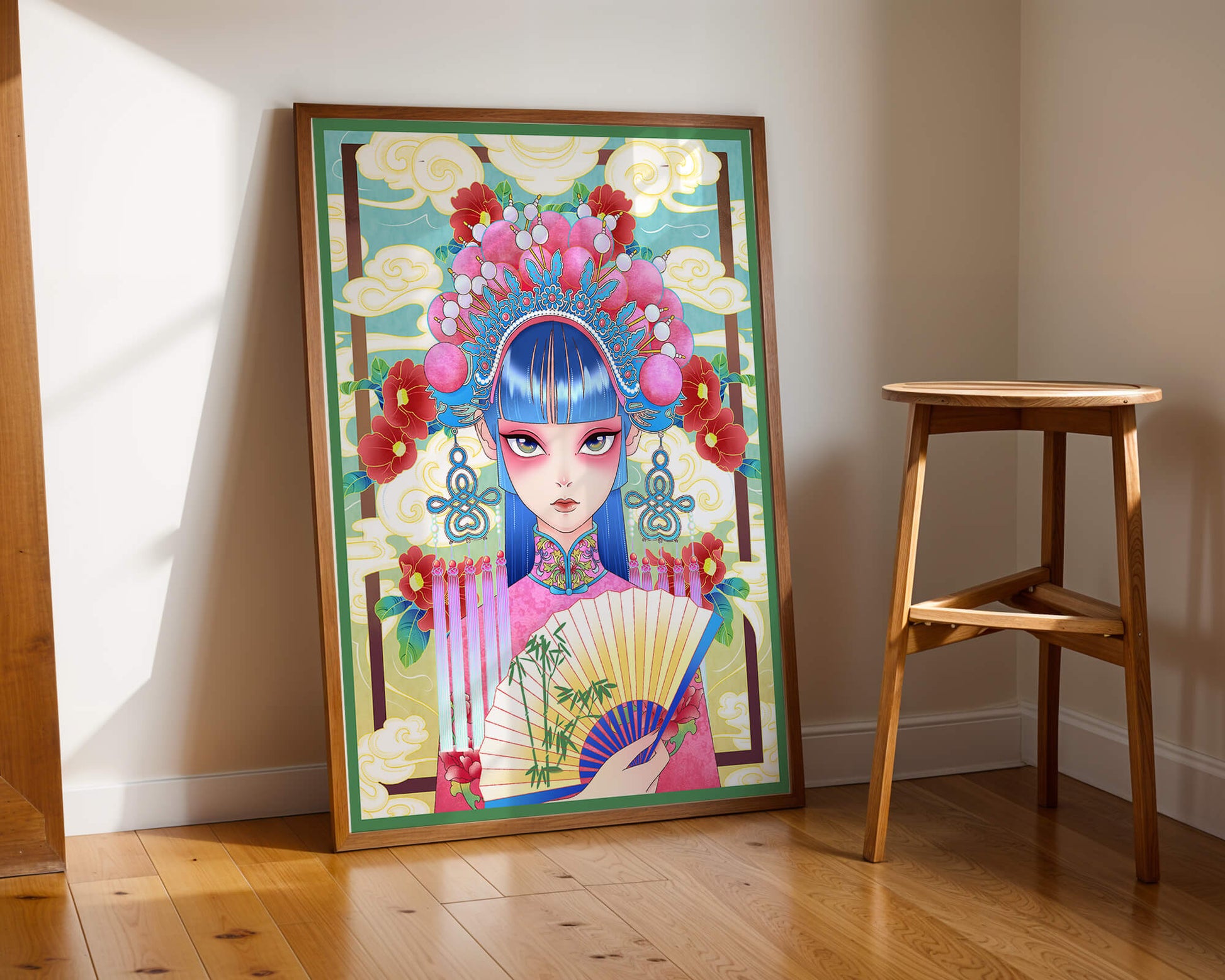 Ilustración elegante inspirada en el arte asiático con tocado elaborado y motivos florales