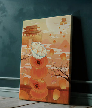 Scène de festival traditionnel chinois avec des lanternes et des raviolis