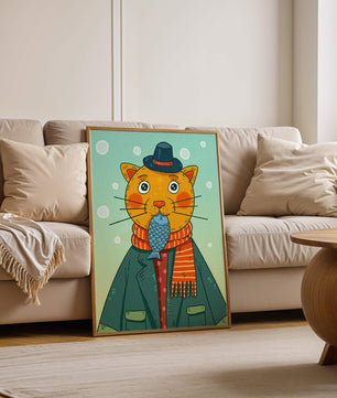 Gato caprichoso vestido con atuendo invernal colorido